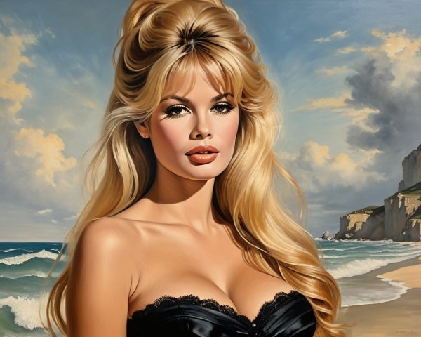 Detailed Painting of Woman on Beach with Cliffs