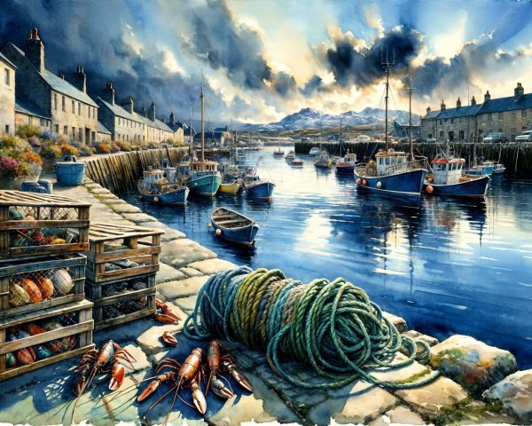 Wooden Boats in Serene Seaside Harbor Scene