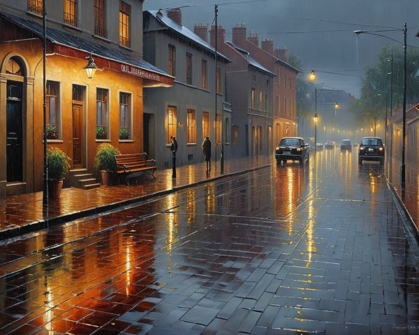 Rainy Cobblestone Street Scene with Warm Light Reflections