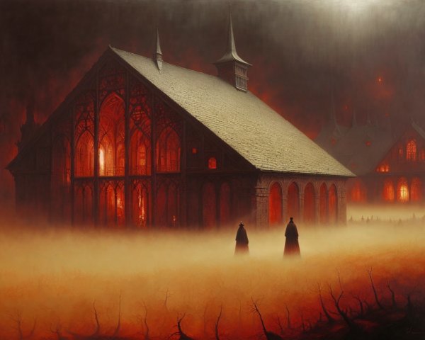 Gothic Landscape with Cloaked Figures and Fog