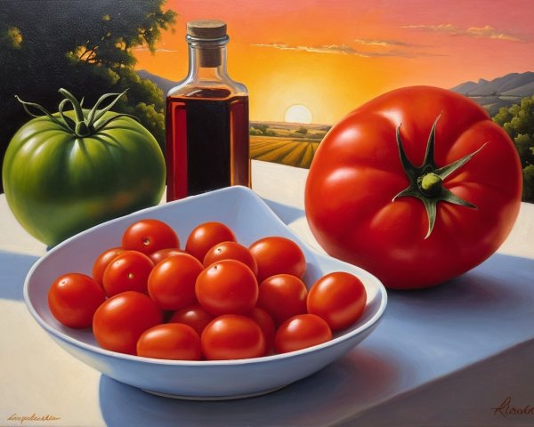 Photorealistic Still Life of Tomatoes and Dark Liquid