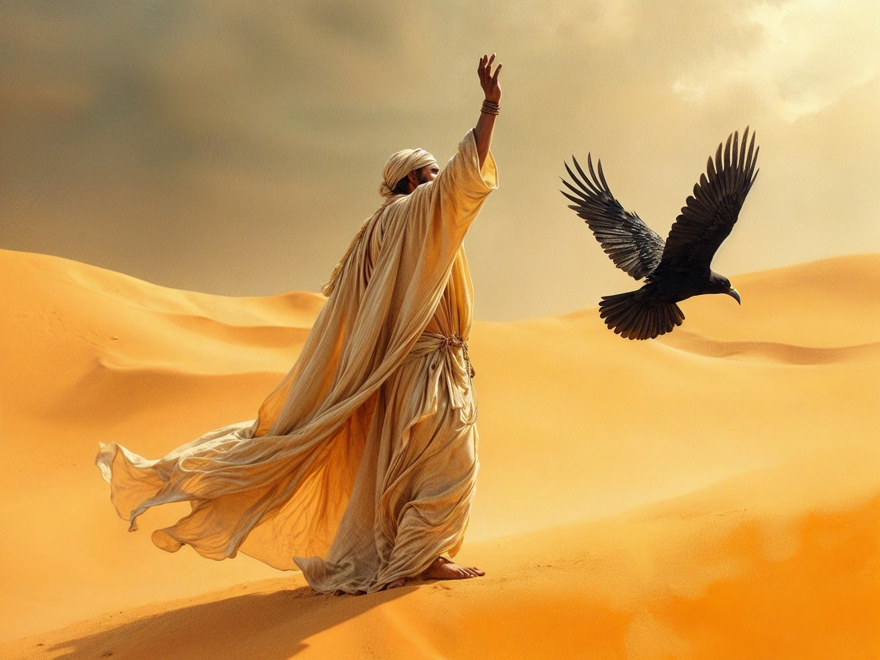 Desert Scene with Figure and Soaring Bird of Prey