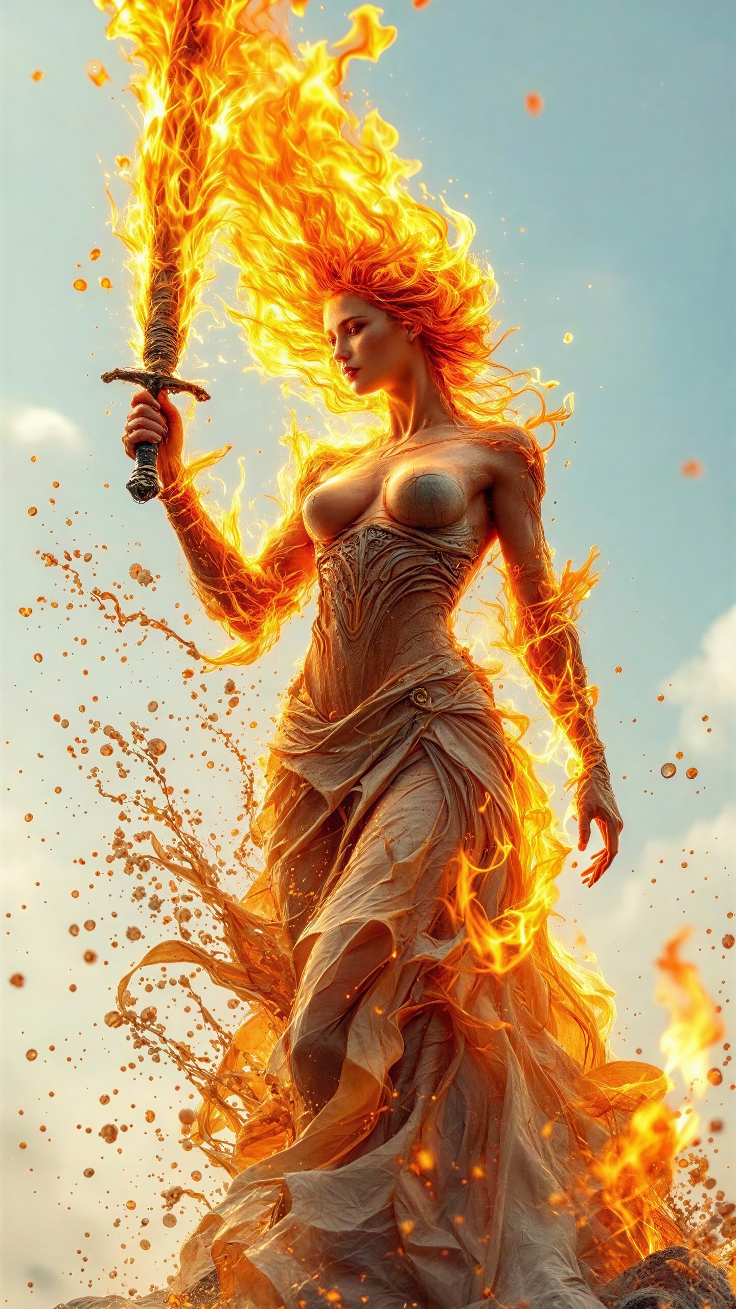 Fire Elemental Woman with Fiery Hair and Sword