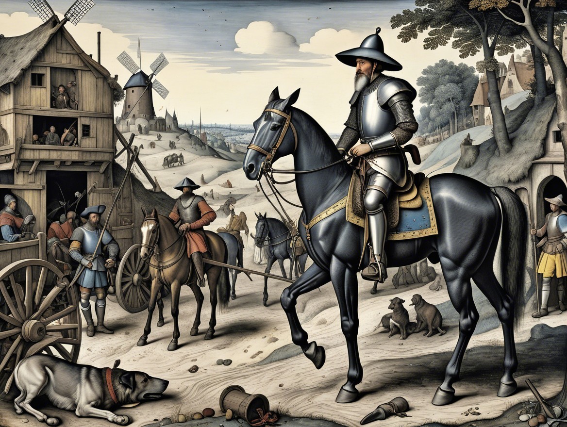 Knight on Horse in Vibrant Village Scene with Windmills