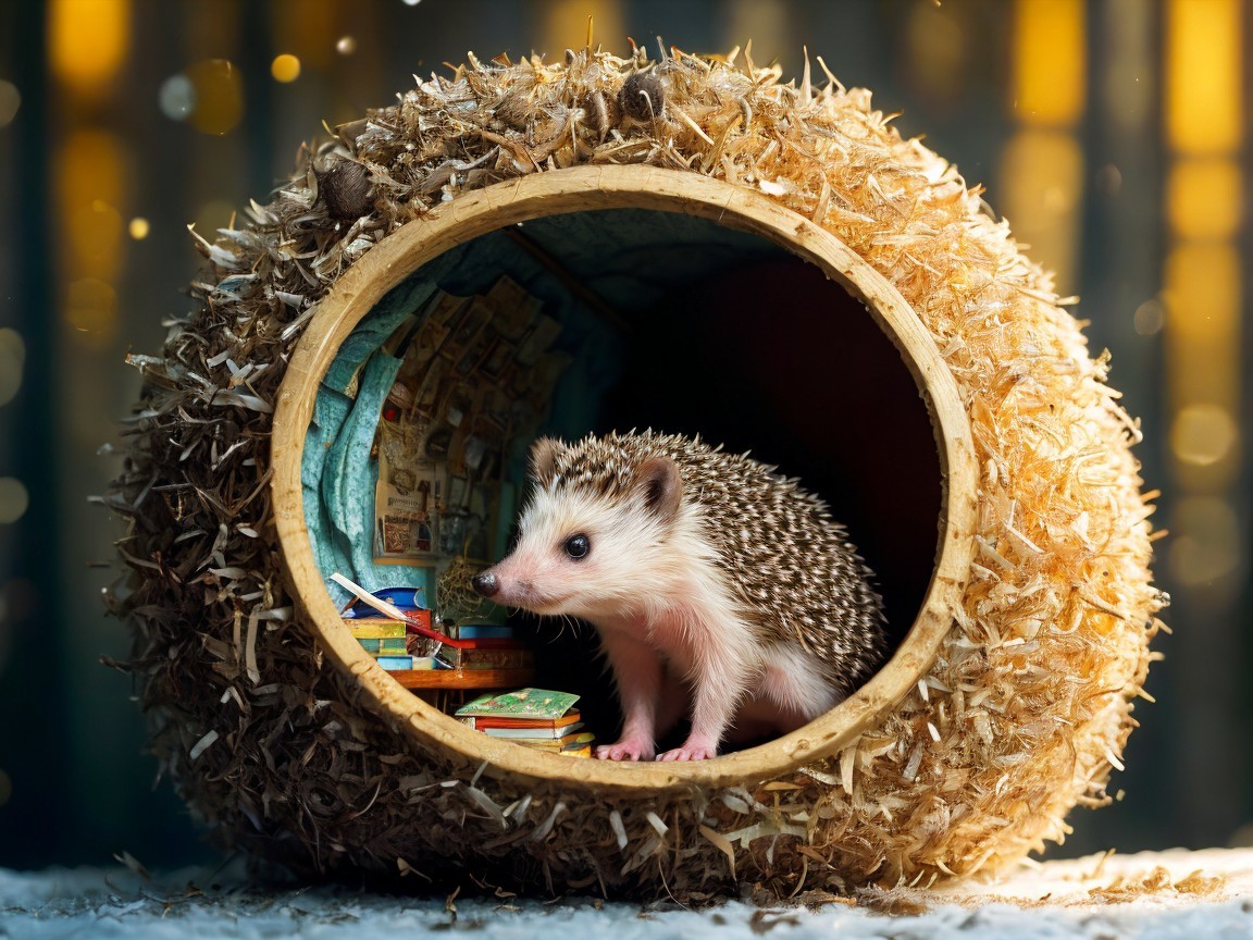 Hedgehog in a Cozy Burrow with Tiny Books