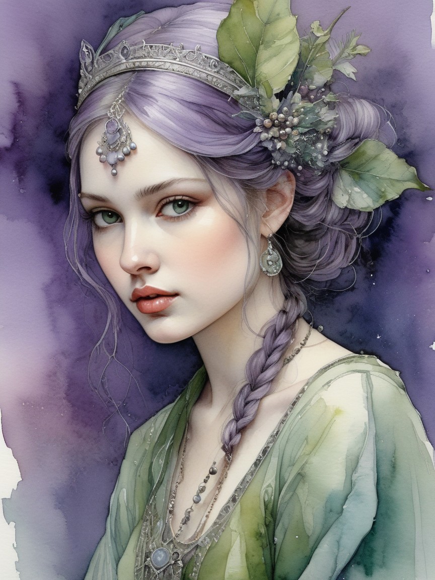 Portrait of a Young Woman with Lavender Hair and Dress