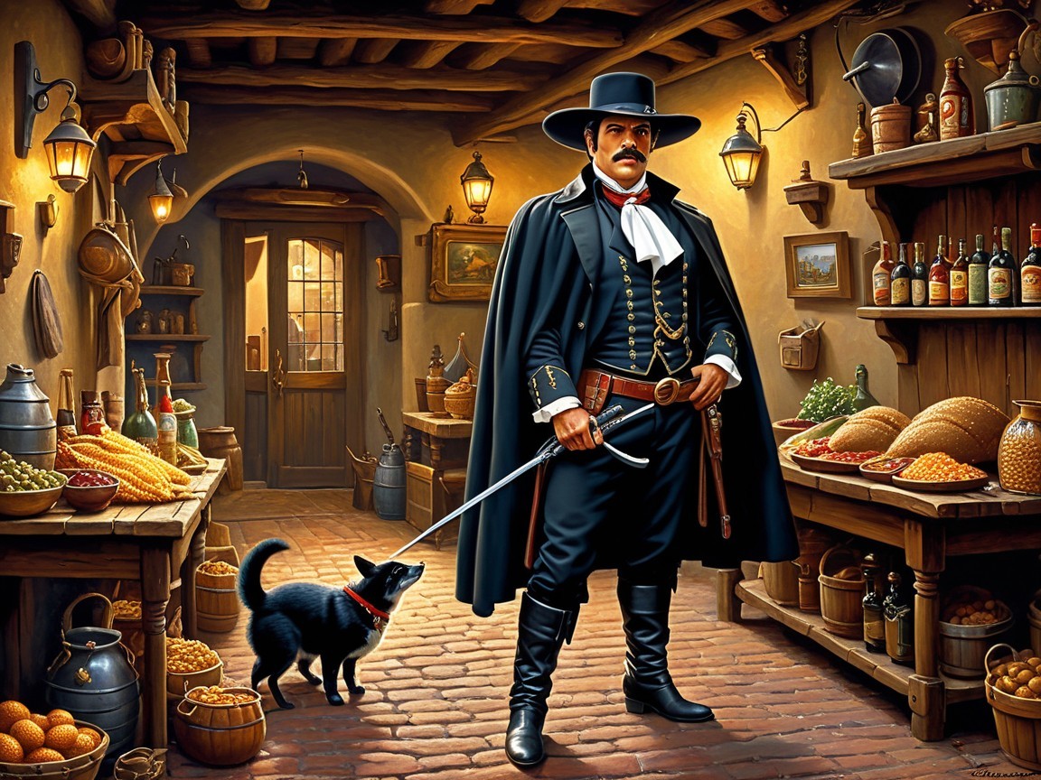 Rustic marketplace with cloaked figure and dog