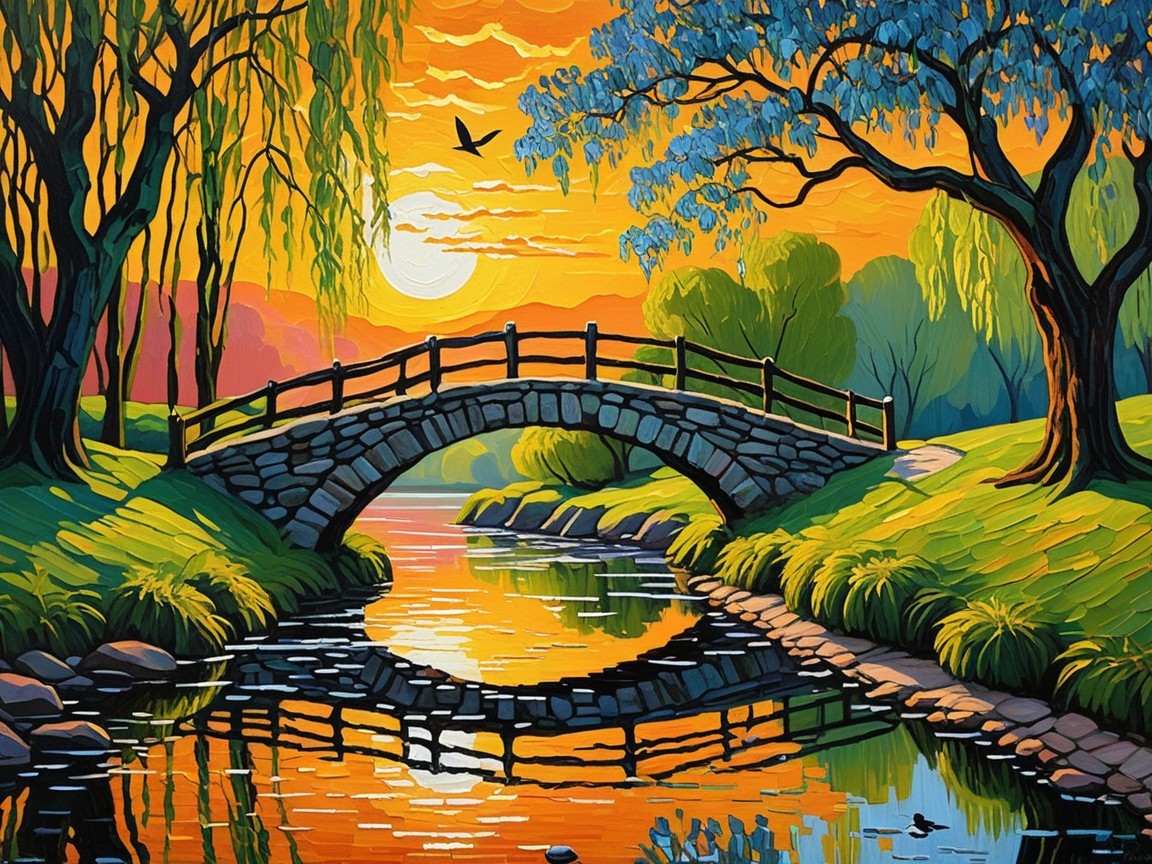 Vibrant Sunset Over Tranquil Landscape with Bridge