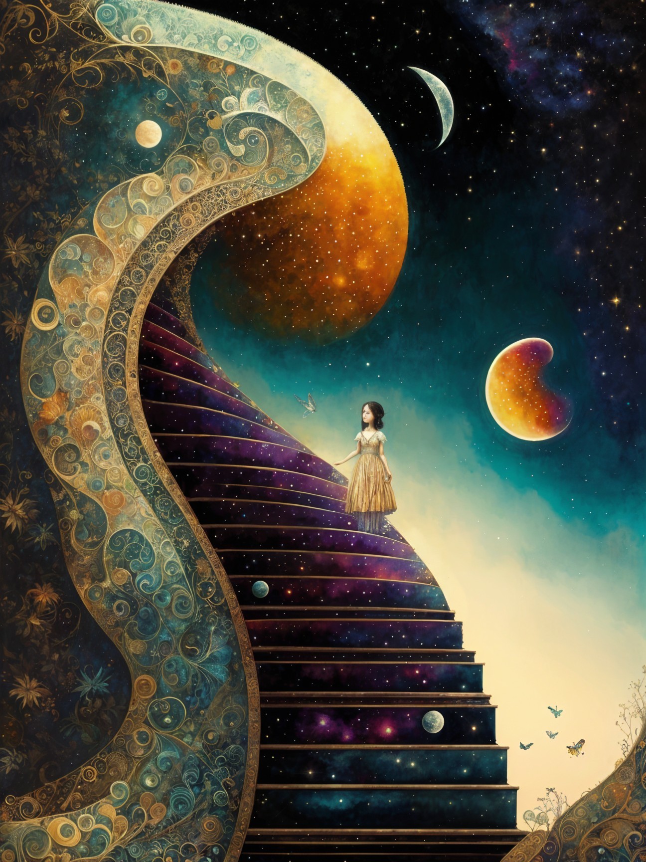 Young girl in golden dress on cosmic staircase