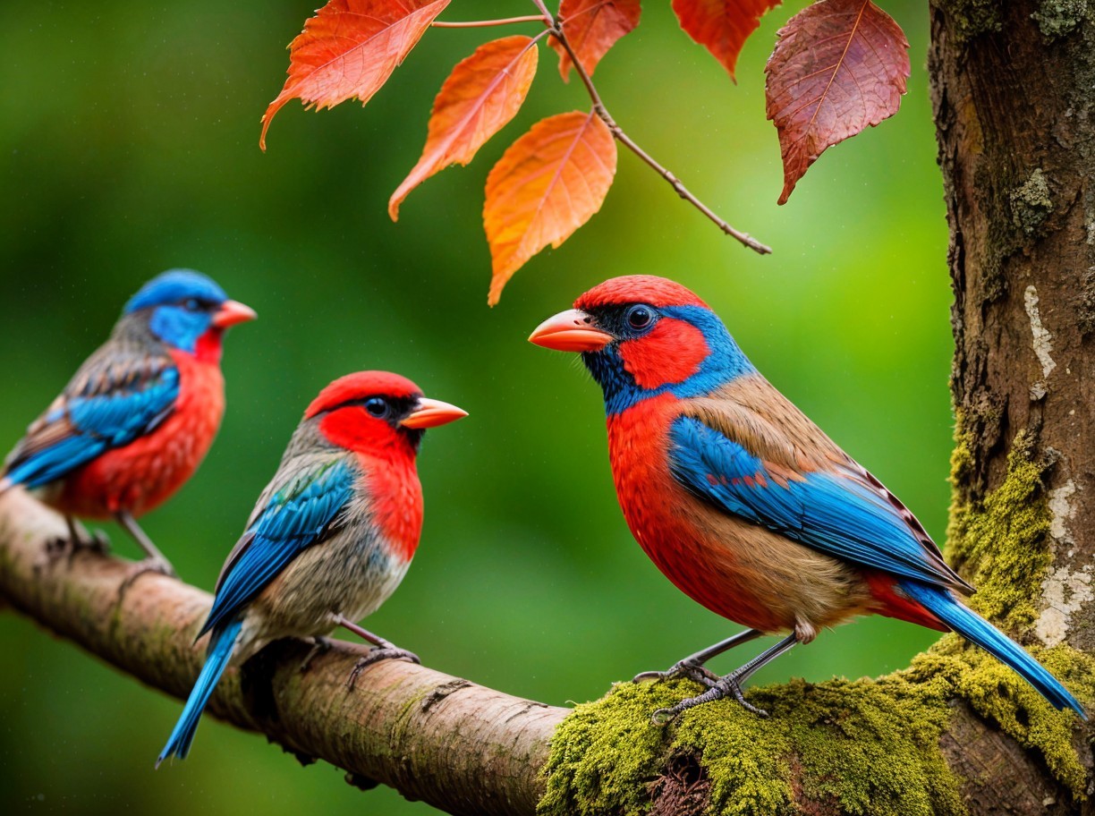 Colorful Birds on Mossy Branch with Bokeh Background