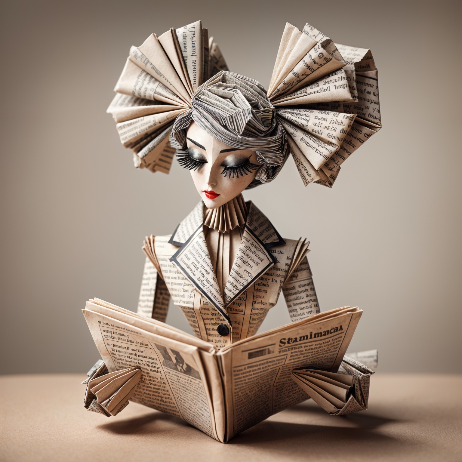 Whimsical Paper Art Figure of Stylish Woman Reading