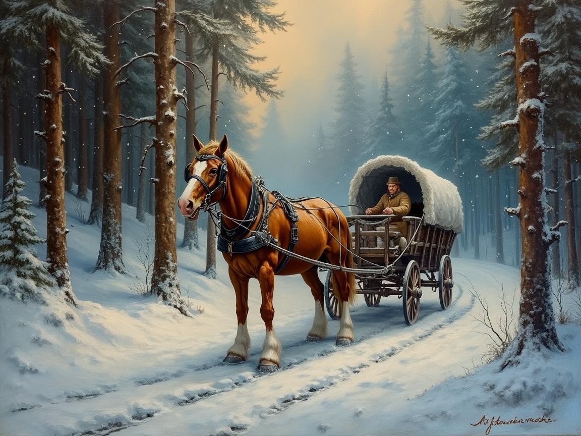Winter Scene with Horse-Drawn Cart in Snowy Forest