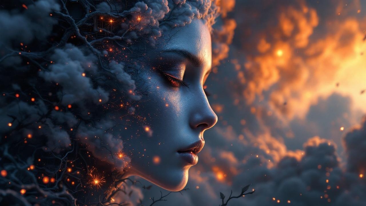 Serene Woman Profile Surrounded by Ethereal Clouds