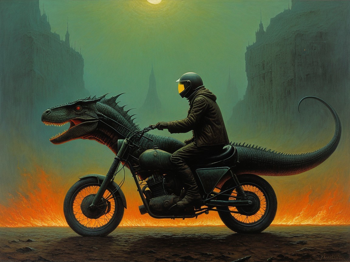 Digital Artwork of Biker on Mechanical Dinosaur Motorcycle