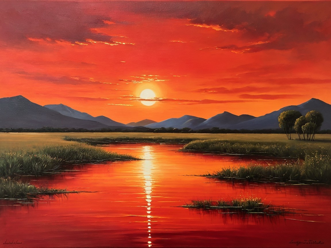 Vibrant Sunset Over Water with Green Fields and Mountains