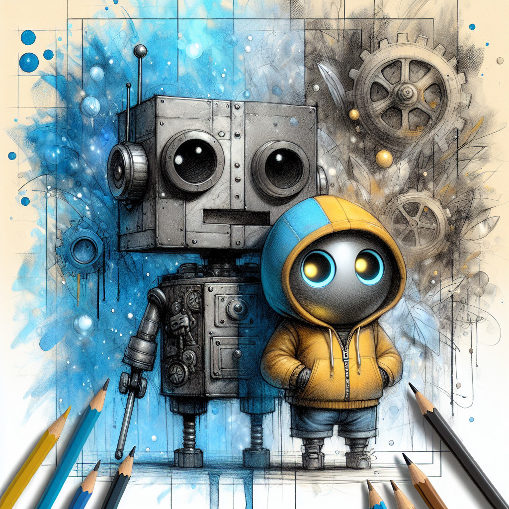 Whimsical Robot and Character in Vibrant Scene