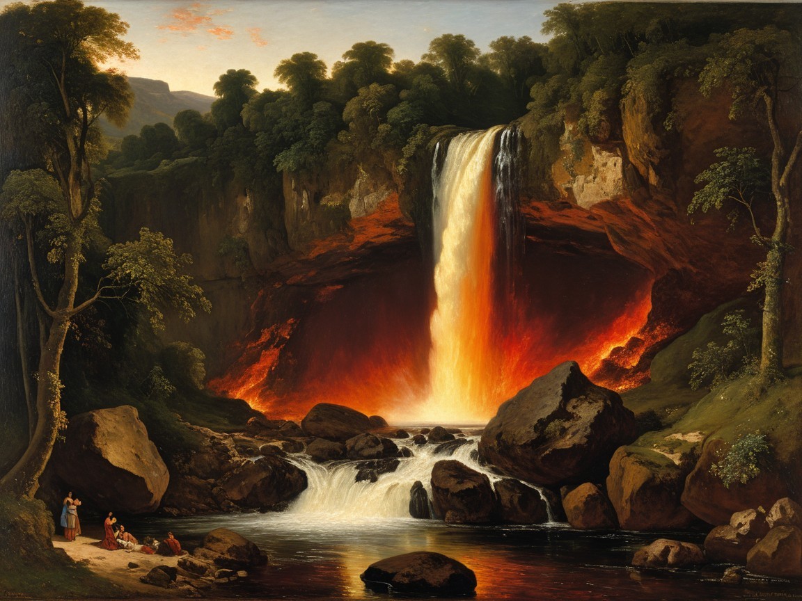 Majestic Waterfall Landscape Painting with Lush Greenery