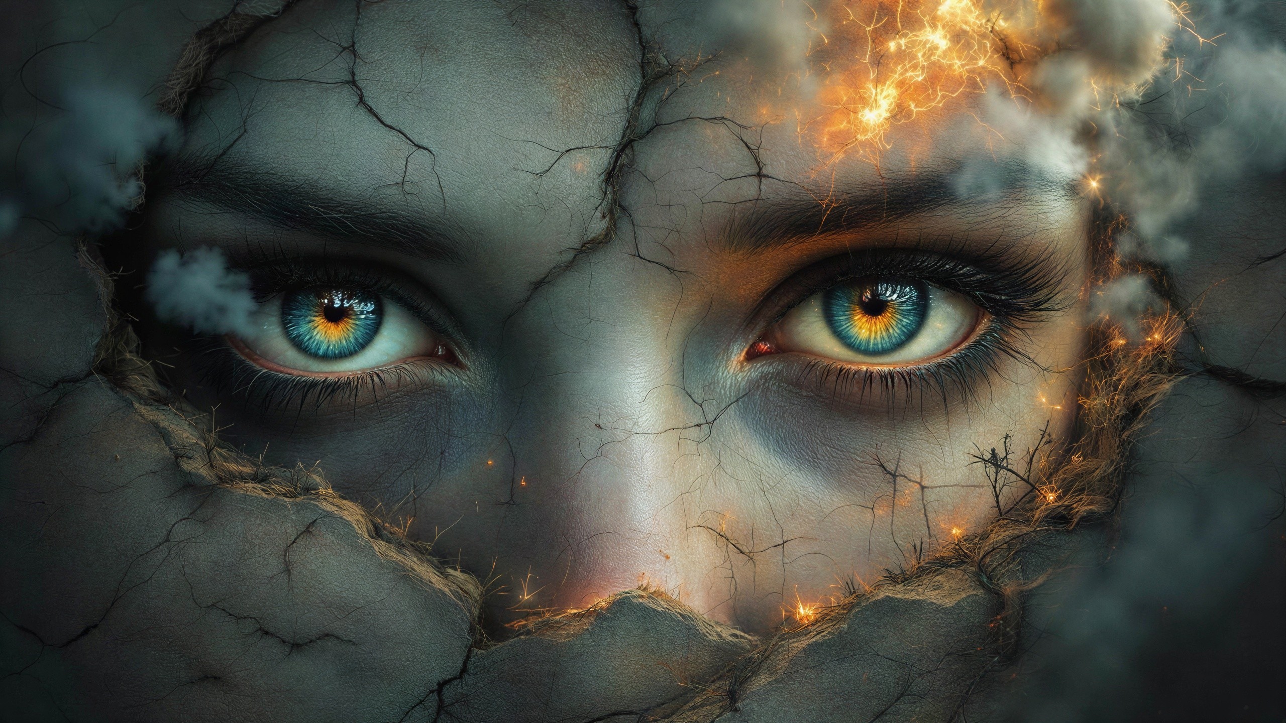 Surreal close-up of a woman's cracked, textured face