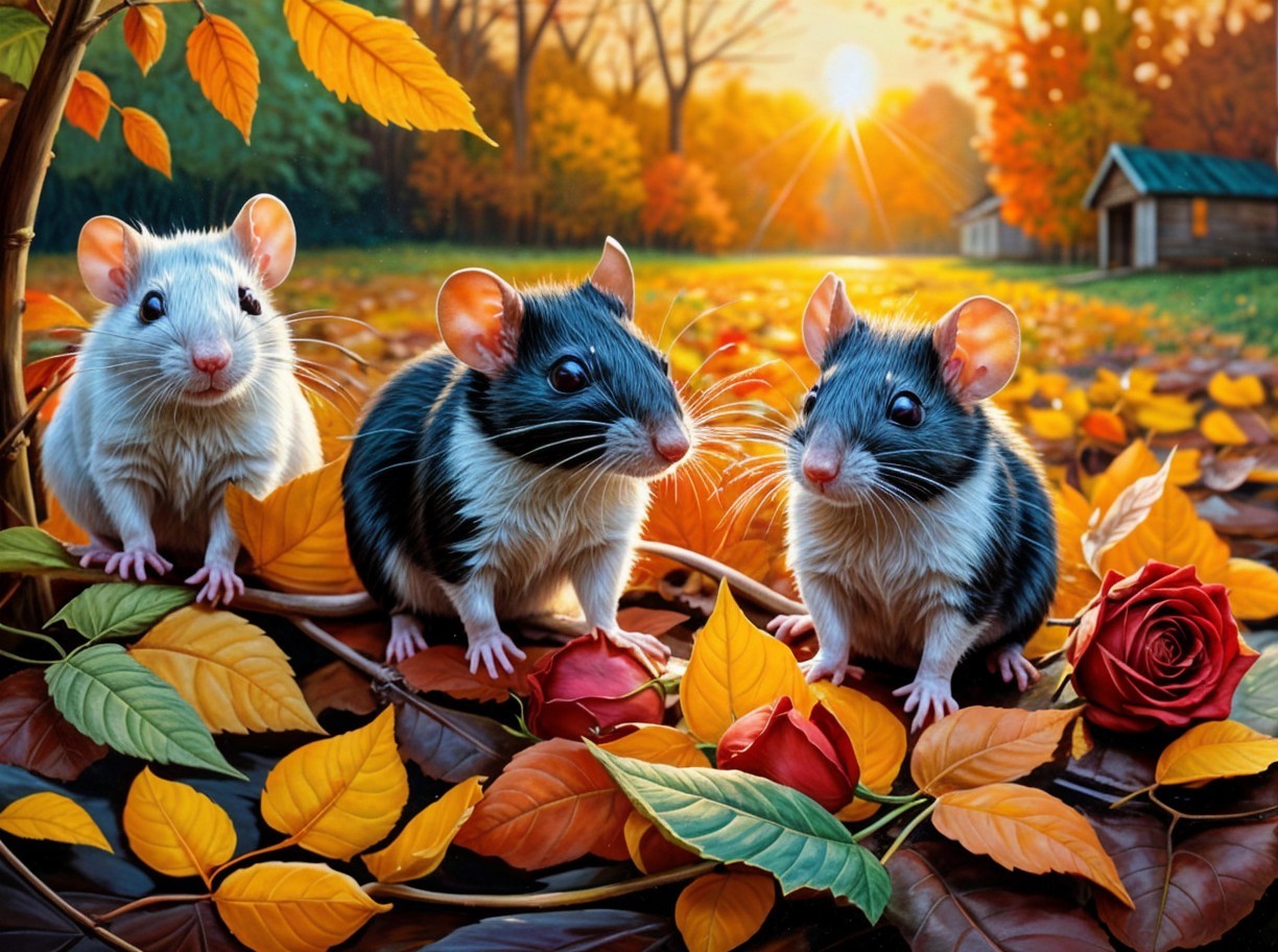 Three Mice Among Colorful Autumn Leaves in Forest