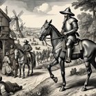 Knight on Horse in Vibrant Village Scene with Windmills
