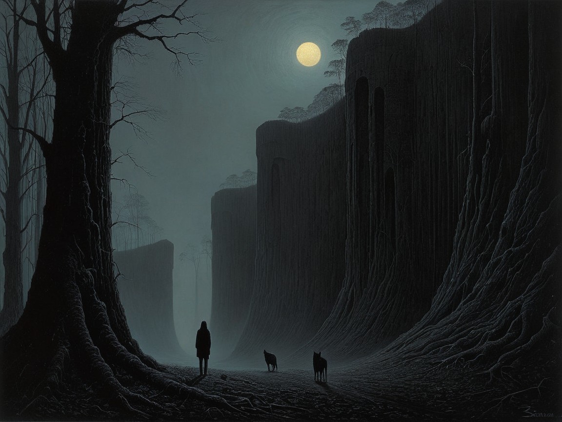 Surreal Dark Landscape with Moon and Wolves at Night