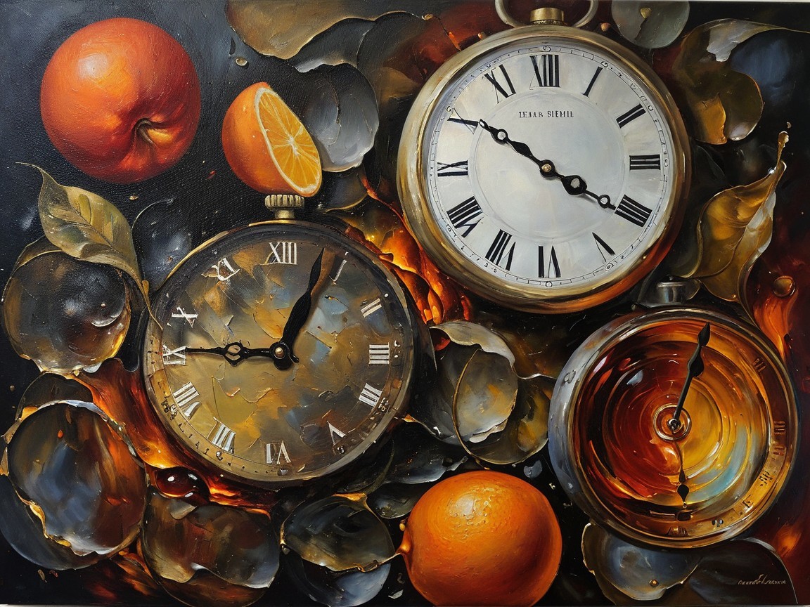 Still-life oil painting of pocket watches and fruits