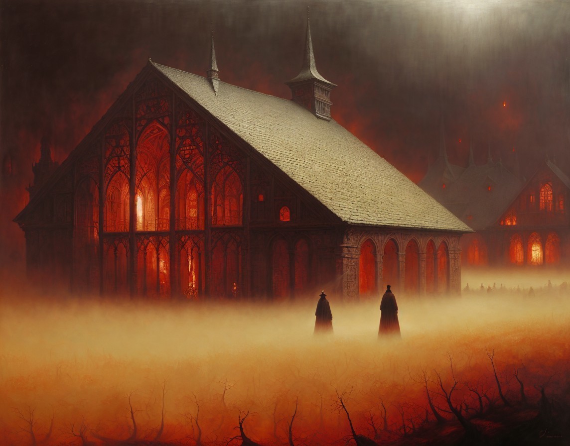 Gothic Landscape with Cloaked Figures and Fog