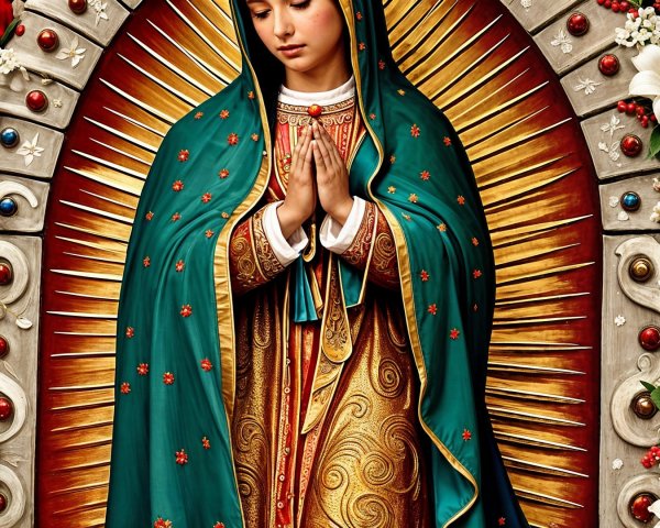 Detailed depiction of Virgin Mary in ornate gown