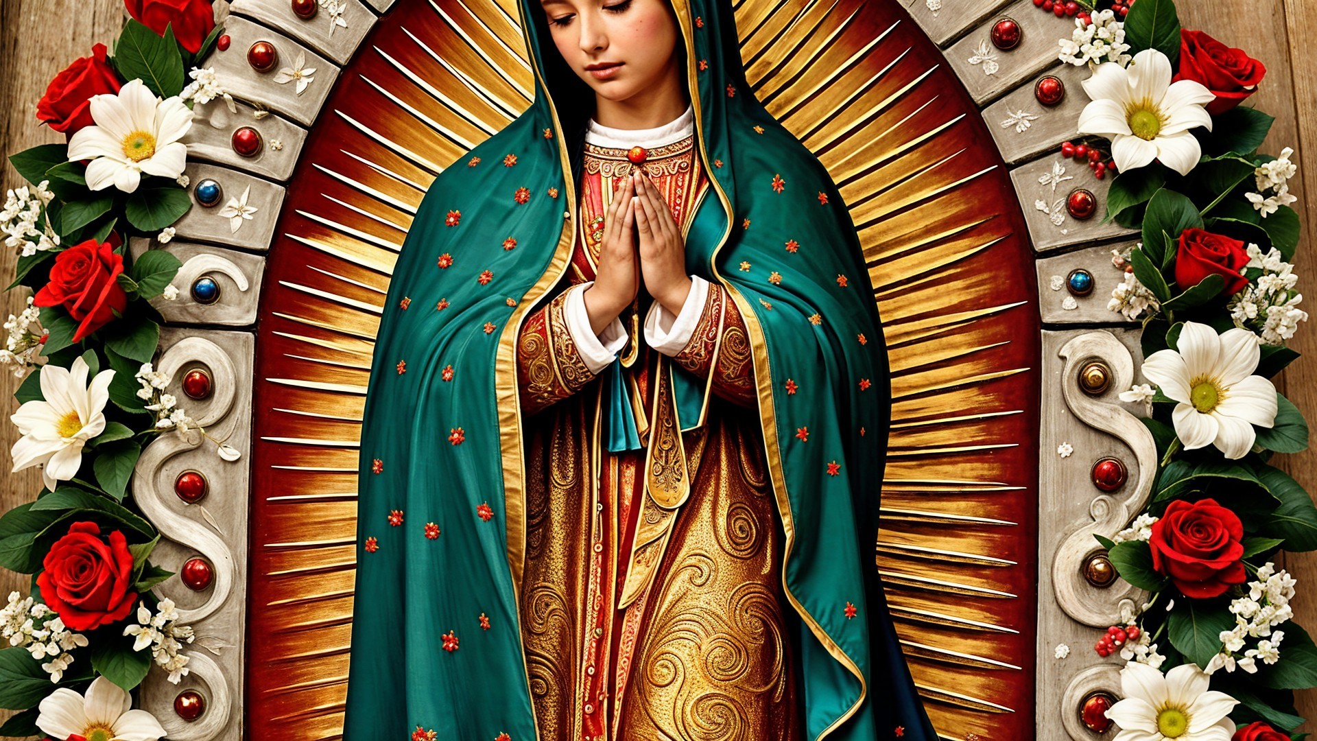 Detailed depiction of Virgin Mary in ornate gown
