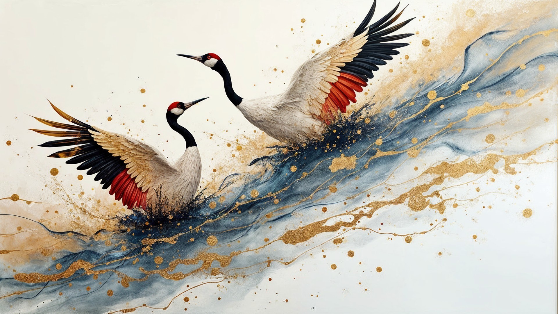 Cranes in Flight Over a Blue and Gold River