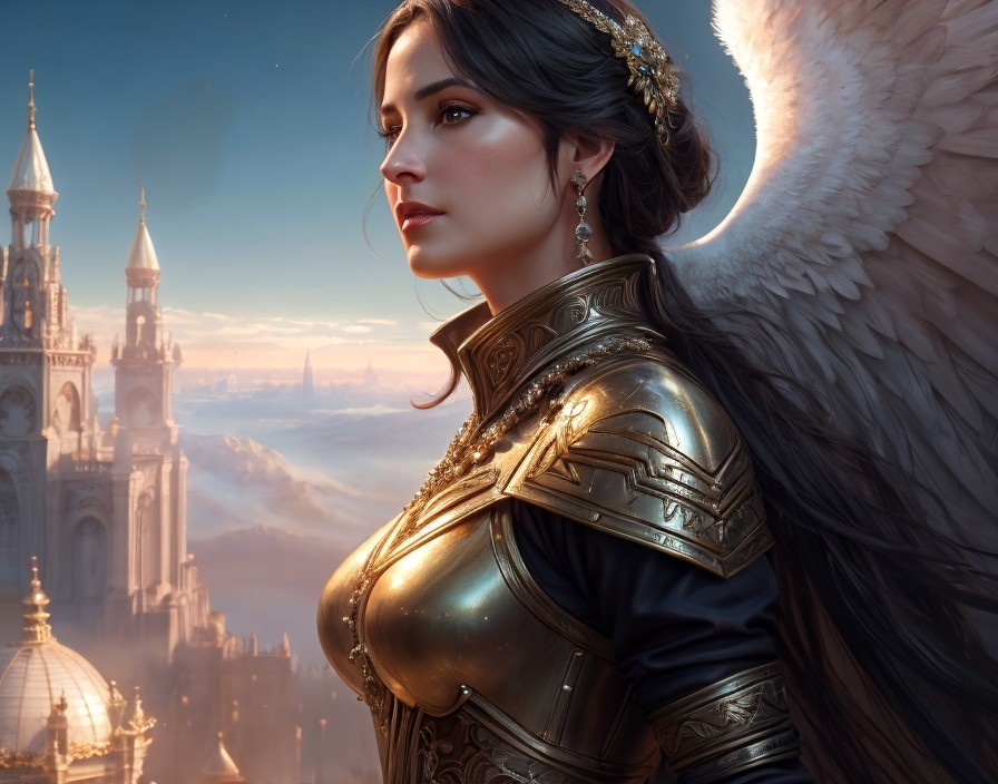 Majestic Figure in Golden Armor Against Fantasy Landscape