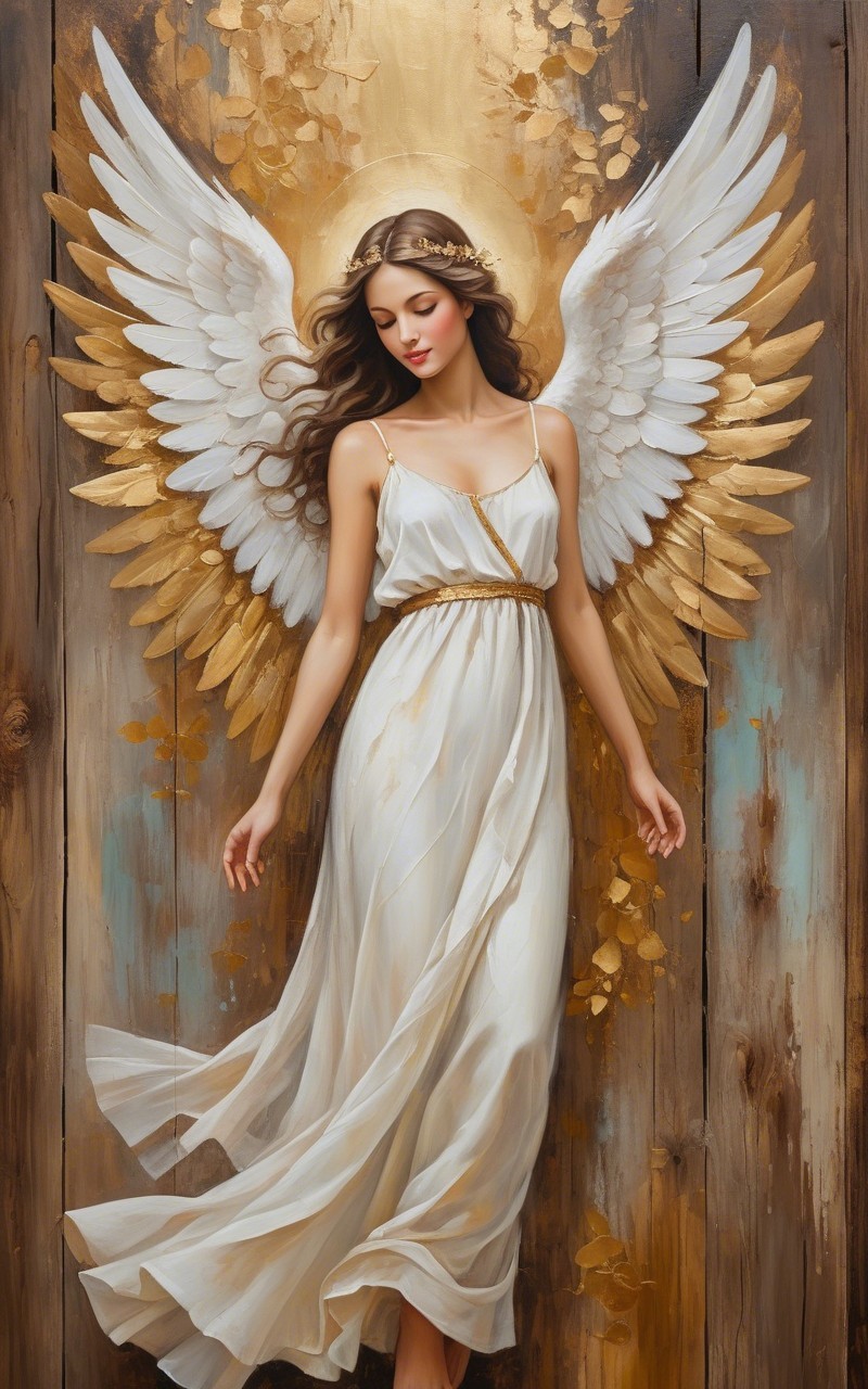 Angelic Figure with Wings and Rustic Wooden Backdrop