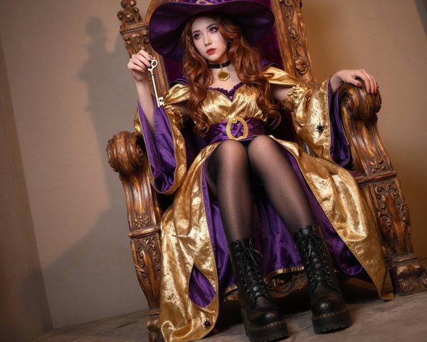 Woman in Lavish Witch Costume on Ornate Throne