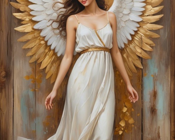 Angelic Figure with Wings and Rustic Wooden Backdrop