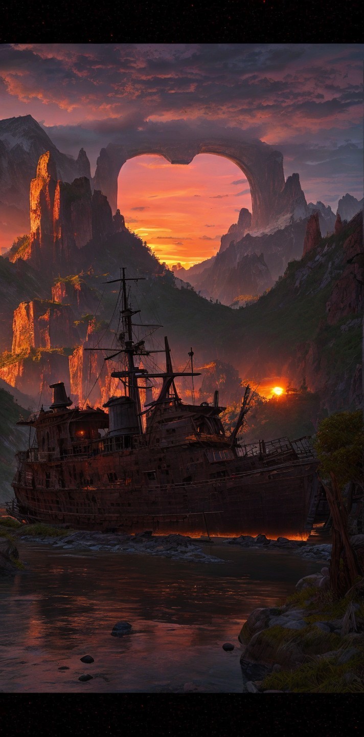 Shipwreck in tranquil river at dusk with heart-shaped mountain arch and vibrant sunset