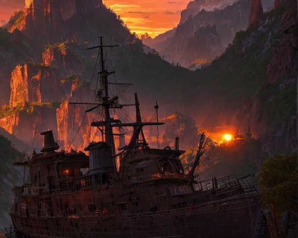 Shipwreck in tranquil river at dusk with heart-shaped mountain arch and vibrant sunset