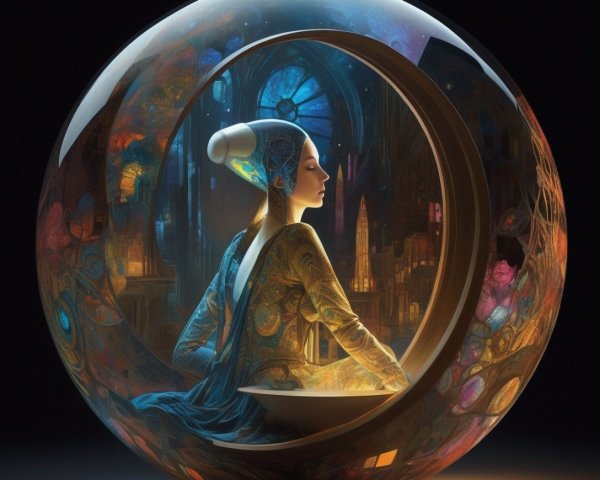 Futuristic woman in spherical pod overlooking vibrant cityscape