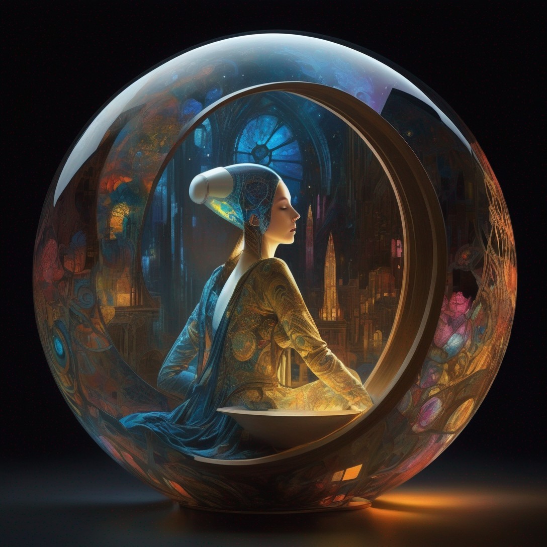 Futuristic woman in spherical pod overlooking vibrant cityscape
