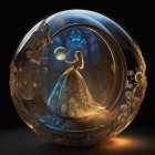 Futuristic woman in spherical pod overlooking vibrant cityscape