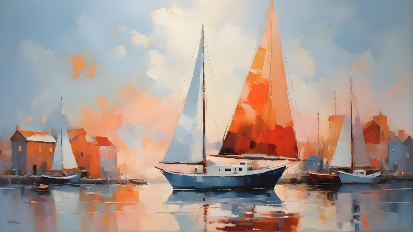 Vibrant Seascape with Sailboats and Coastal Buildings
