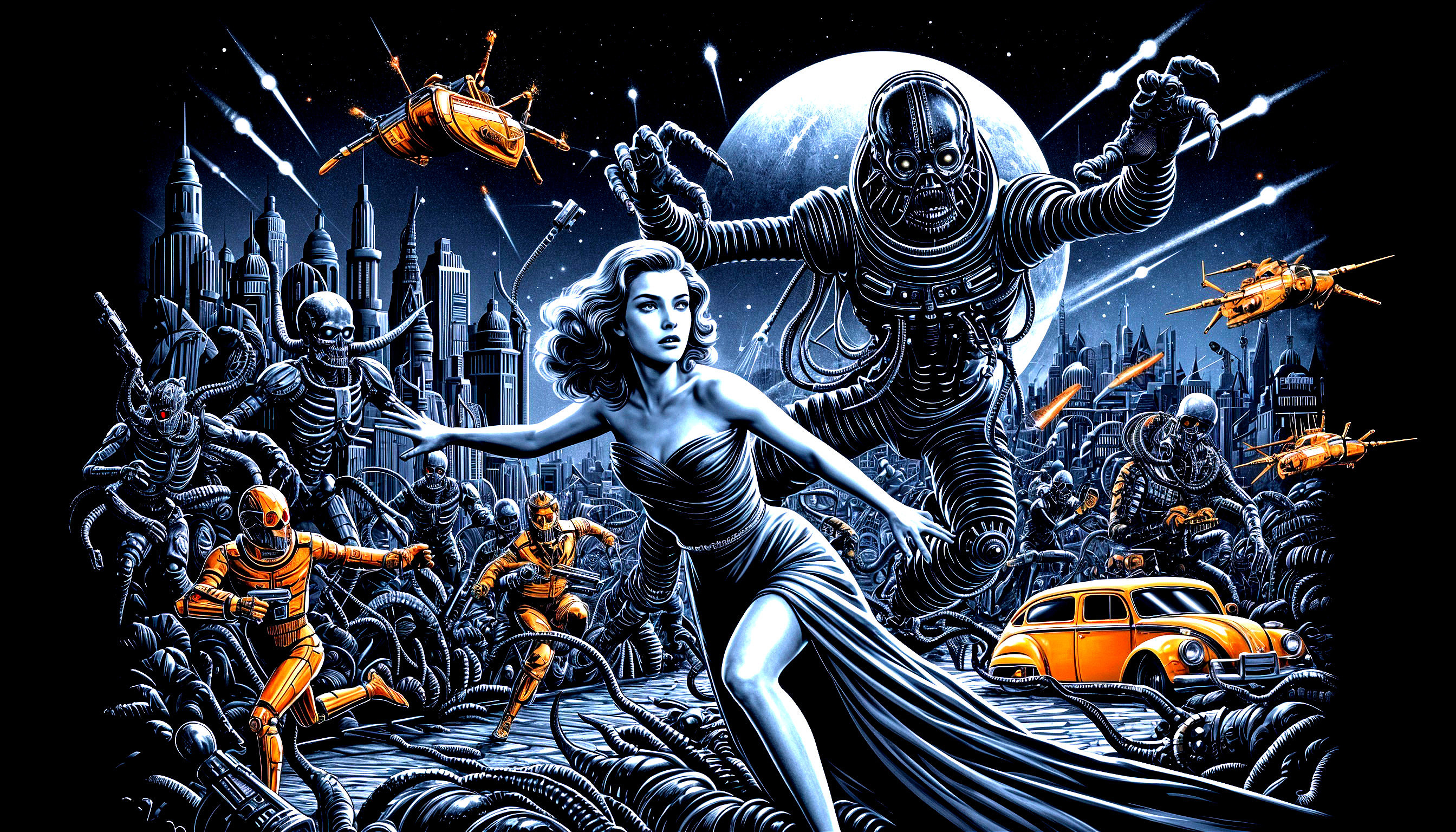 Futuristic Cityscape with Woman and Alien Creatures