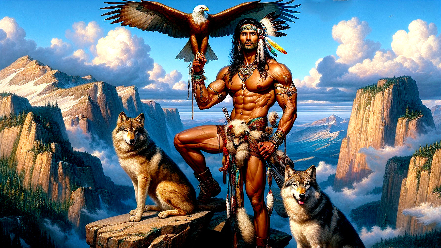 Indigenous Warrior with Eagle and Wolves on Cliff