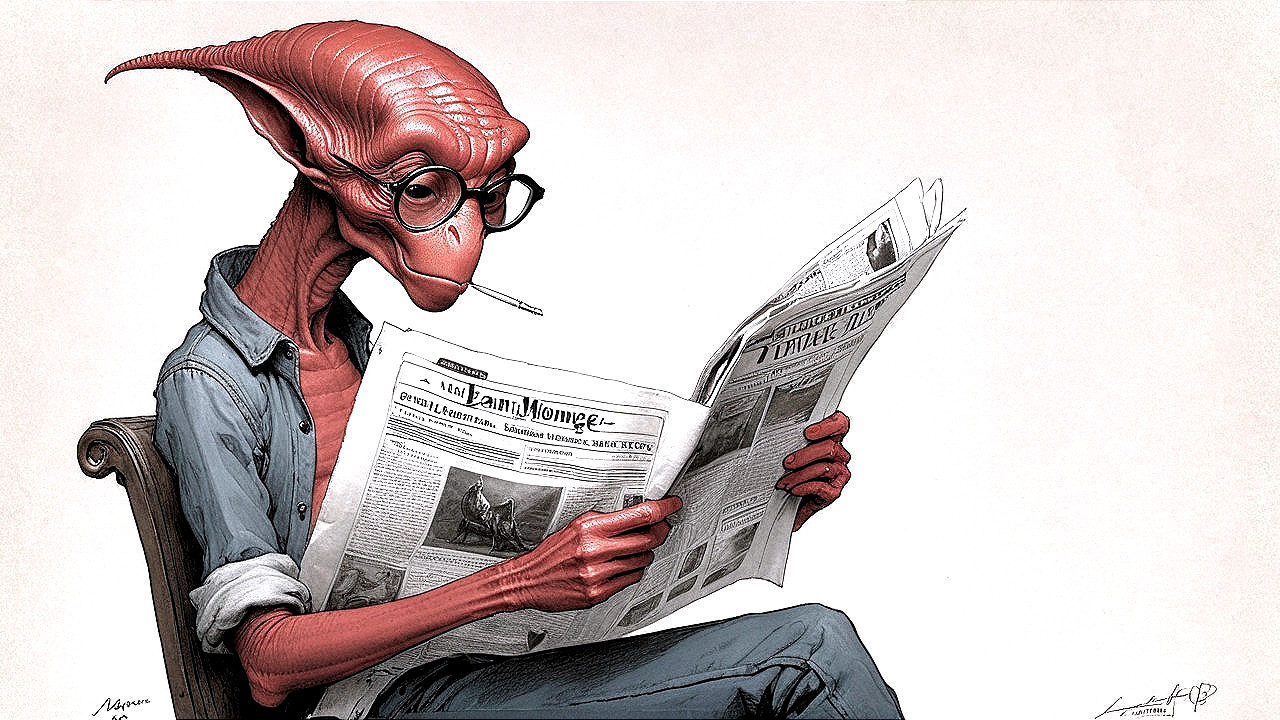 Whimsical creature reading newspaper in wooden chair