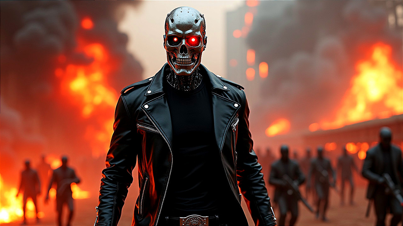 Futuristic Robot with Red Eyes in Dystopian Setting