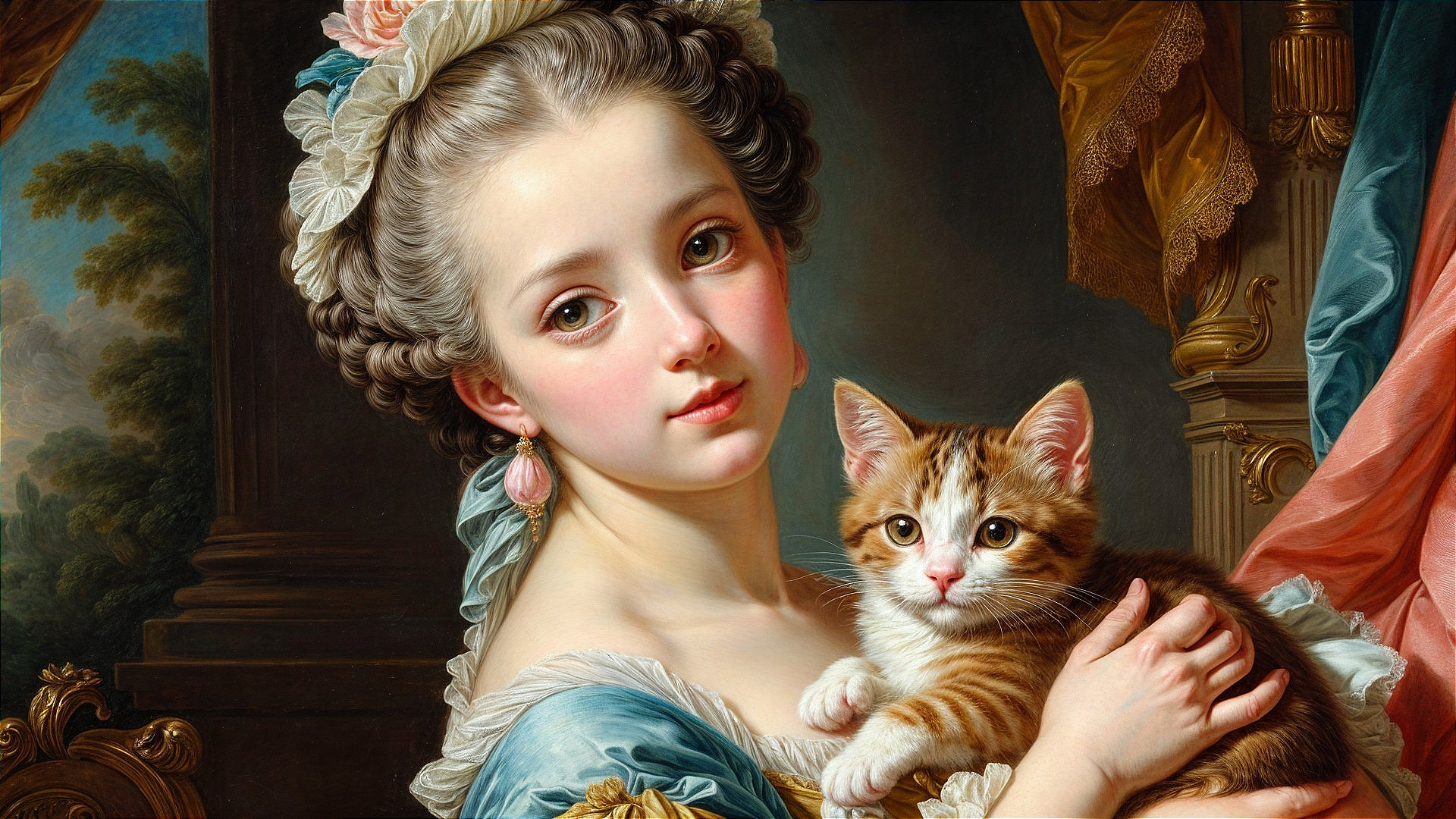Young girl in pastel dress with kitten in luxurious setting