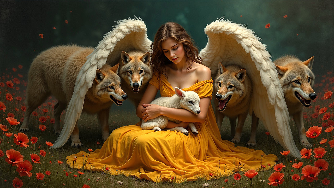 Anime Scene of Woman in Yellow Dress Surrounded by Wolves