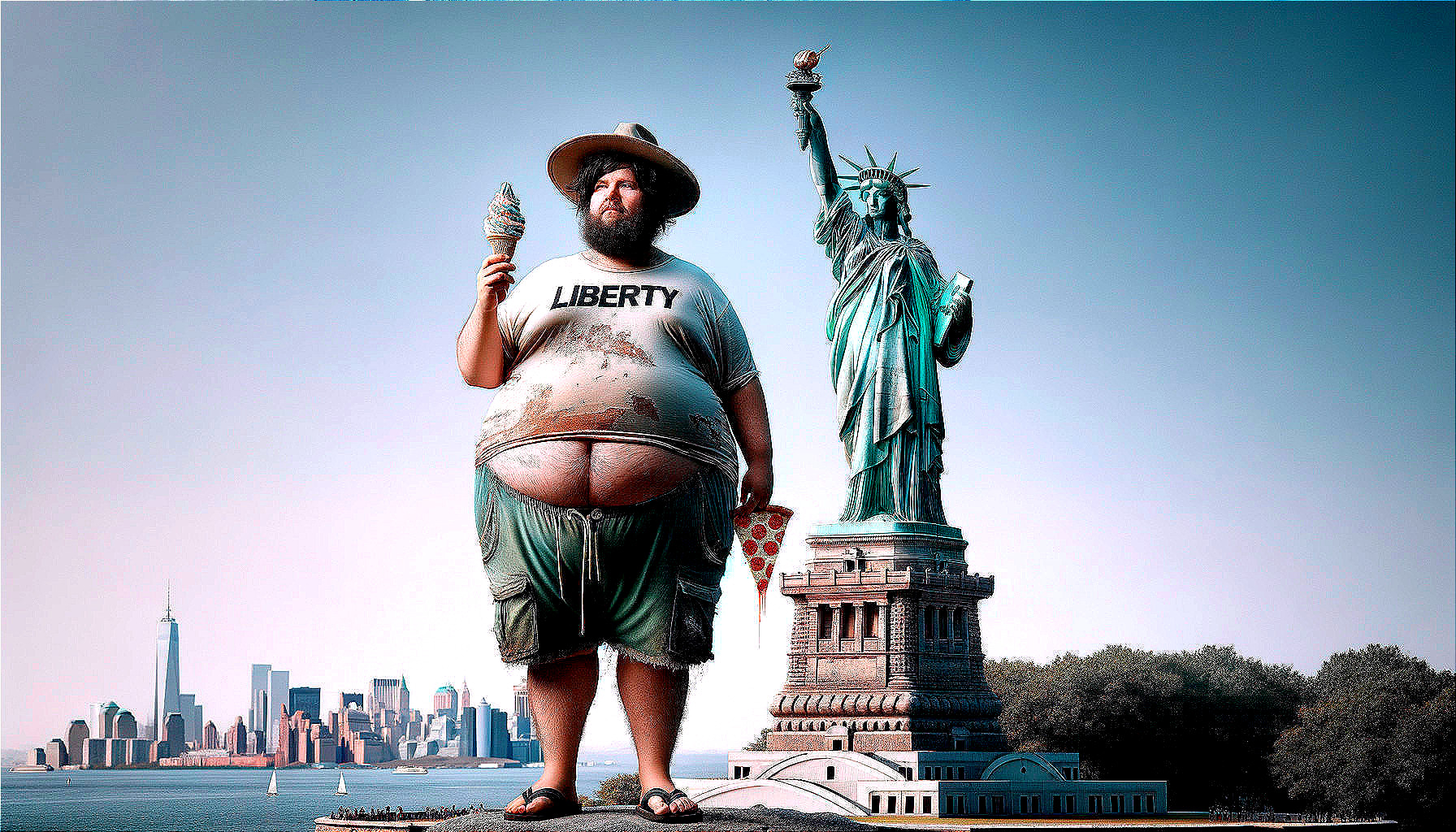 Humorous Scene with Statue of Liberty and Food Items