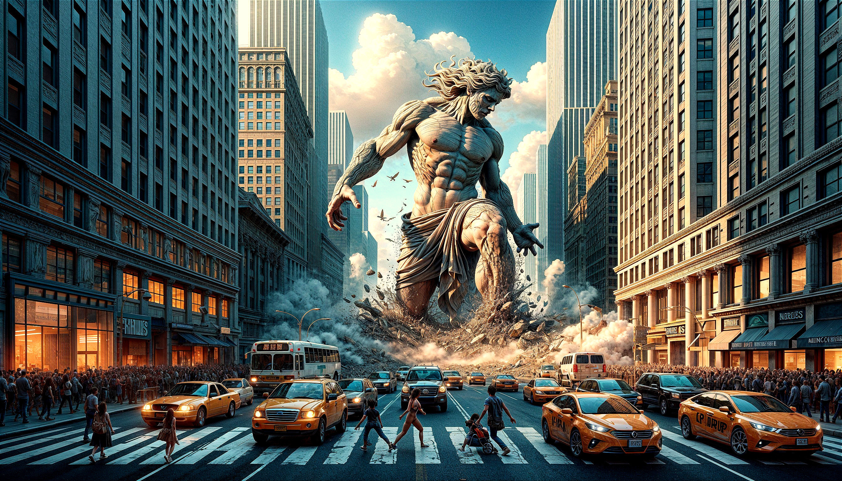 Colossal Mythological Figure in Urban Cityscape