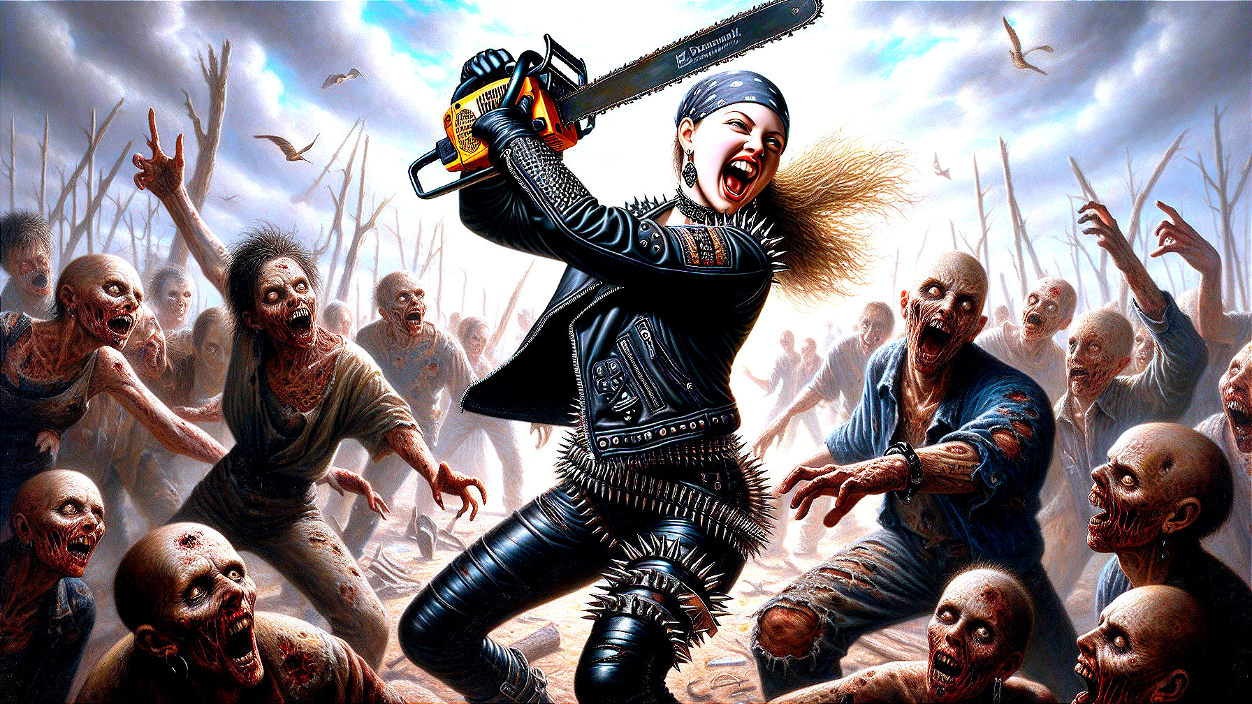 Metalhead in Leather Faces Zombie Horde with Chainsaw