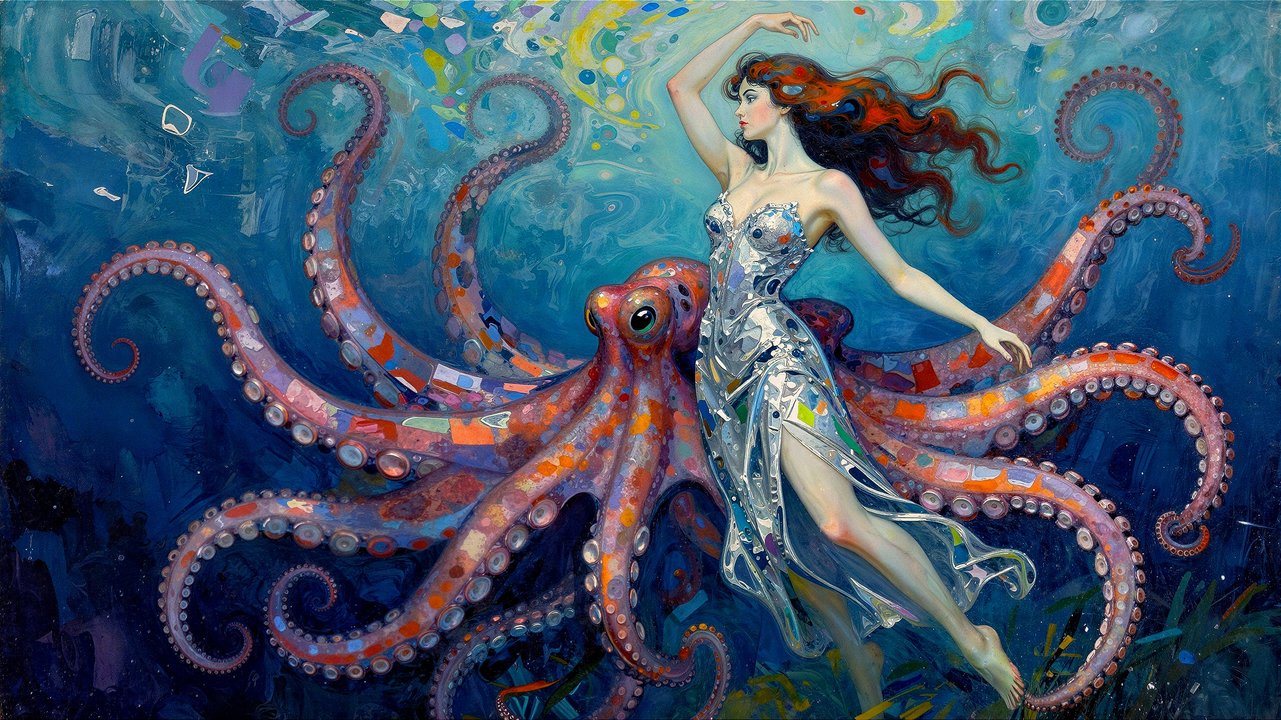 Underwater Portrait of Woman with Octopus and Vibrant Colors